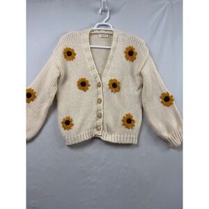 Mello Sunflower Chunky Knit Cardigan Women S/M Cream Floral Button Sweater